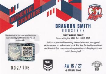 2024 NRL Traders Titanium - Authentic Signatures White #AW15 Brandon Smith Back